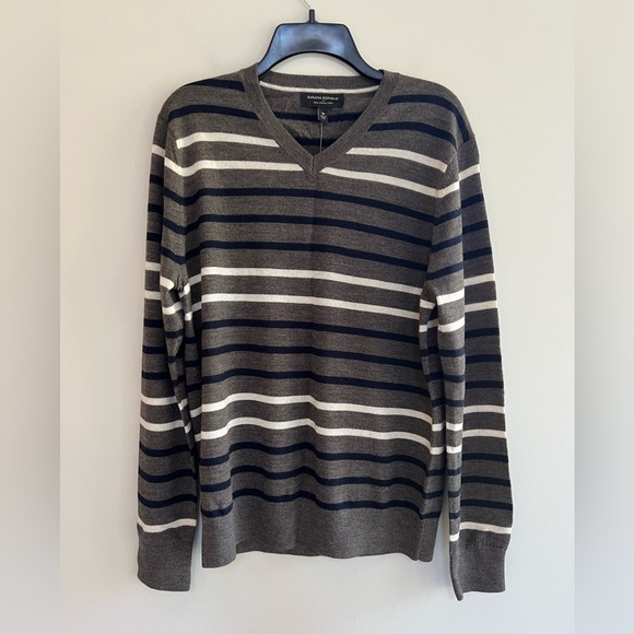 Banana Republic NWT Merino Wool Striped Pullover Sweater, Warm Gray + Navy, M - Picture 9 of 9